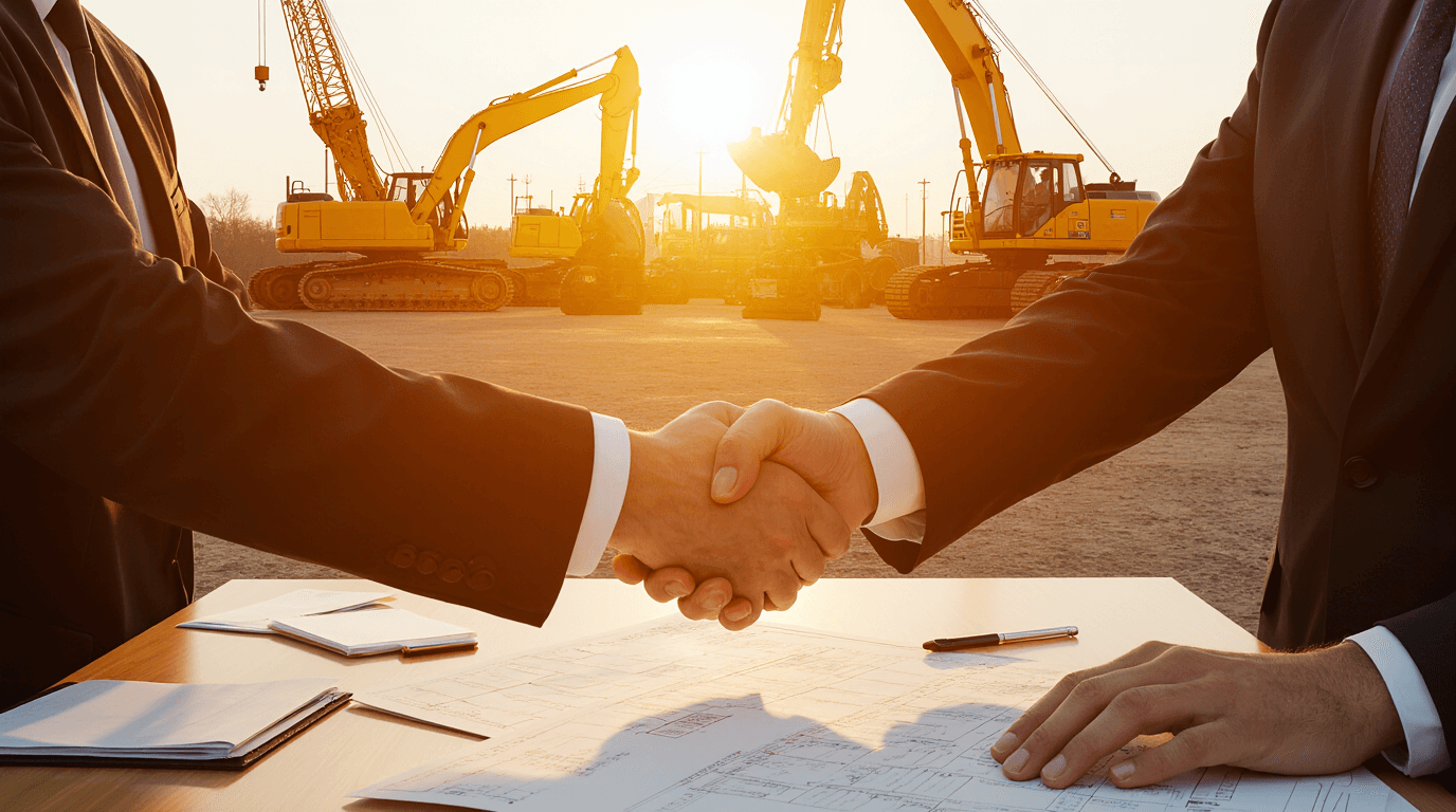 A Photorealistic Image of a Construction Site at Sunrise in the Foreground a Confident Business Man 5k4a5fhzysva4np09hnd 3