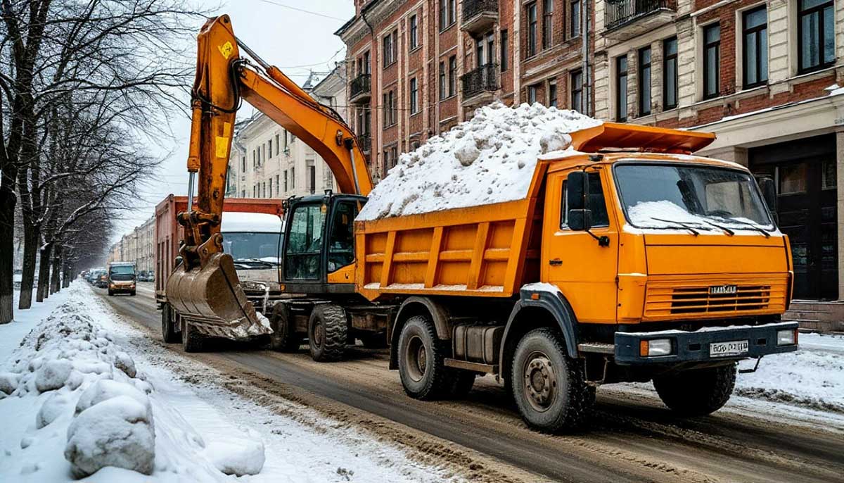 Погрузка снега в самосвал